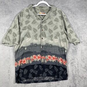 Hawaii Jack's Cafe Silk Hawaiian Shirt XL Green Silk Tropical Palm Tree Floral